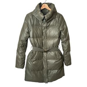 BCBGMaxazria Olive Green Belted High Neck Duck Down Puffer Jacket Women's Size 7